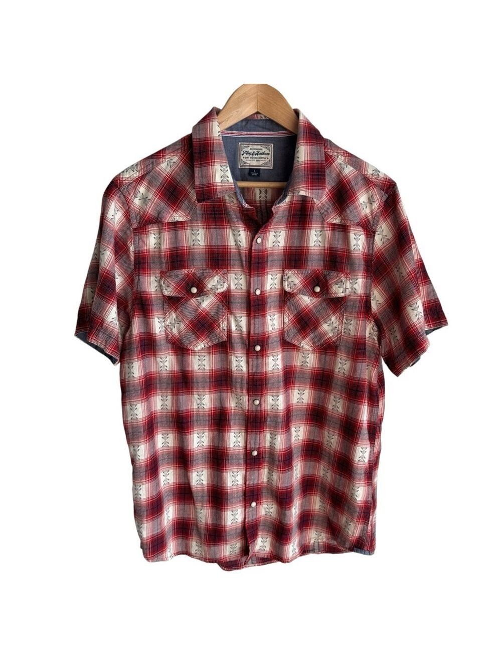 Flag and Anthem Plaid Pearl Snap Shirt Mens L Red Short Sleeve Button Down EUC